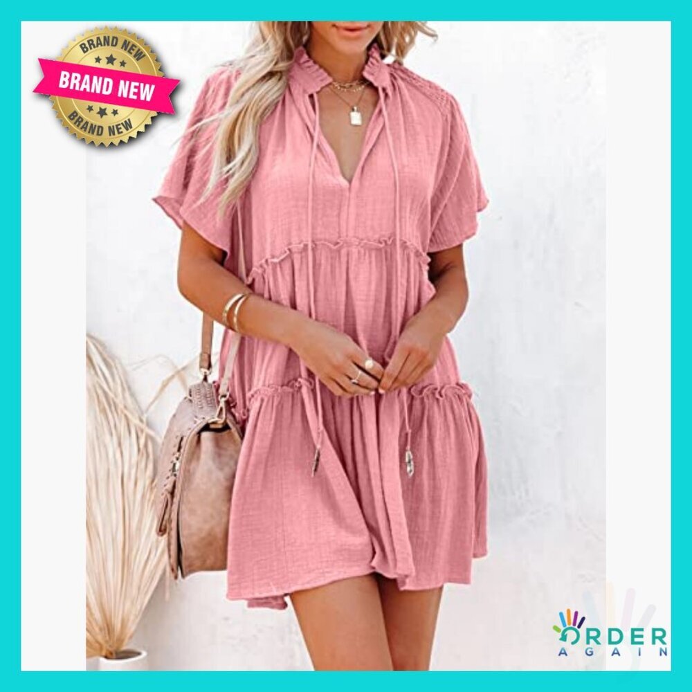 Cotton Babydoll Dress V-Neck Drawstring Ruffle Tiered Swing Mini Casual - Picture 2 of 5